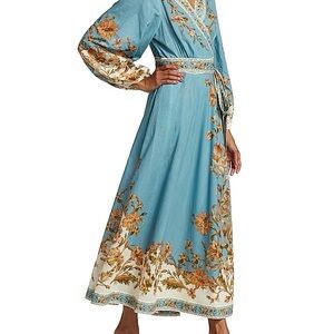Zimmermann Teal and Gold Floral Long Sleeve Dress, Chintz, $880